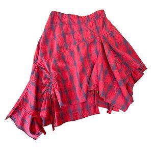 JOYFOLIE Mia Joy Boho Plaid Skirt Girls 4 4T Asymmetric Ruffle Hem Red/Blue Girl